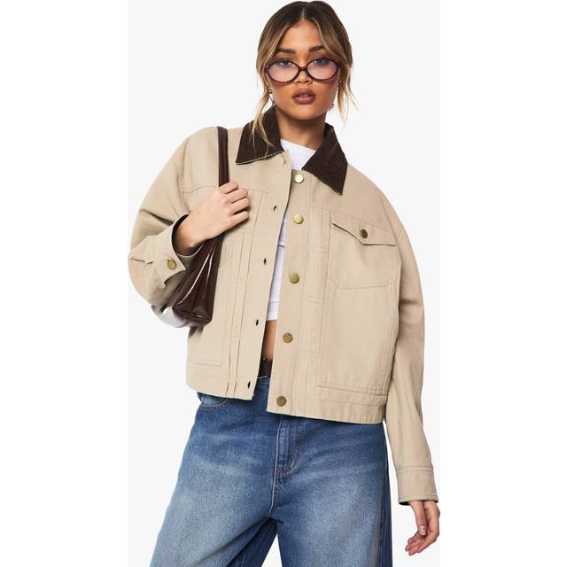 Womens Contrast Collar Barn Jacket - Beige - 14