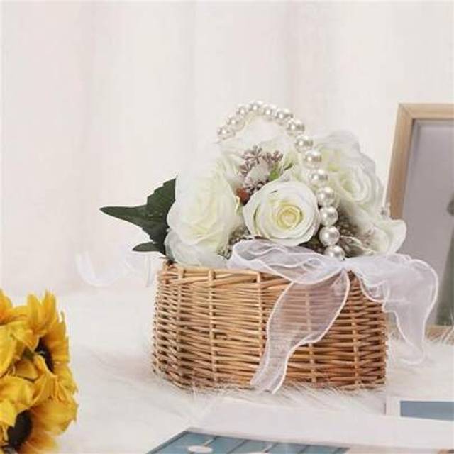 SHEIN 1pc Wedding Woven Flower Basket With Faux Pearl Handle, Elegant Bow Decor Portable Multi-Functional For Home Rattan Storage And Sundry Organizer, Chri