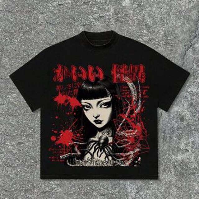 SHEIN Men&#39;s Minimalist Dark Goth Girl Spider Print Round Neck Short Sleeve T-Shirt, Black, Summer