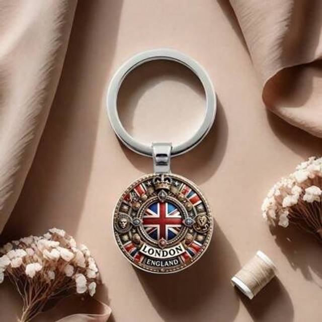 SHEIN 1pc Vintage London UK Keychain - Round Glass Pendant With British Flag Design, Delicate Details And Star Pattern - Fashion Bag, Car And Unisex Gifts A