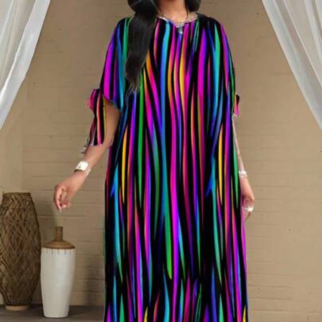 SHEIN Spring And Summer Elegant Commuting Office Casual Boho Casual Outing Colorful Woven Scoop Neck Split Bow Long Short Sleeve Plus Size Dresses Summer Ou