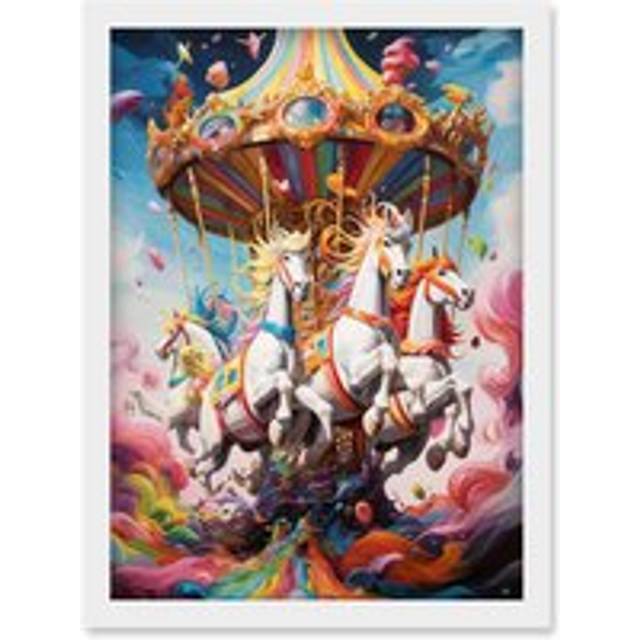 Wall Art Print Magical Carousel in Rainbow Clouds Bright Bold Vibrant Fantasy Kids Bedroom Baby Nursery Artwork Framed A4 - White - A4