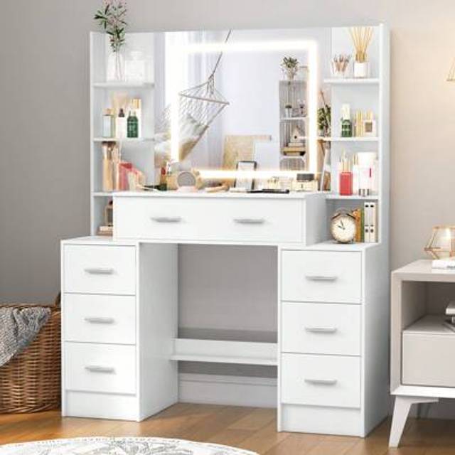 SHEIN Makeup Vanity Set , Large LED Lighted Mirror , 3 Modes Brightness Dressing Table Dresser Desk W/ 7 Drawers Set