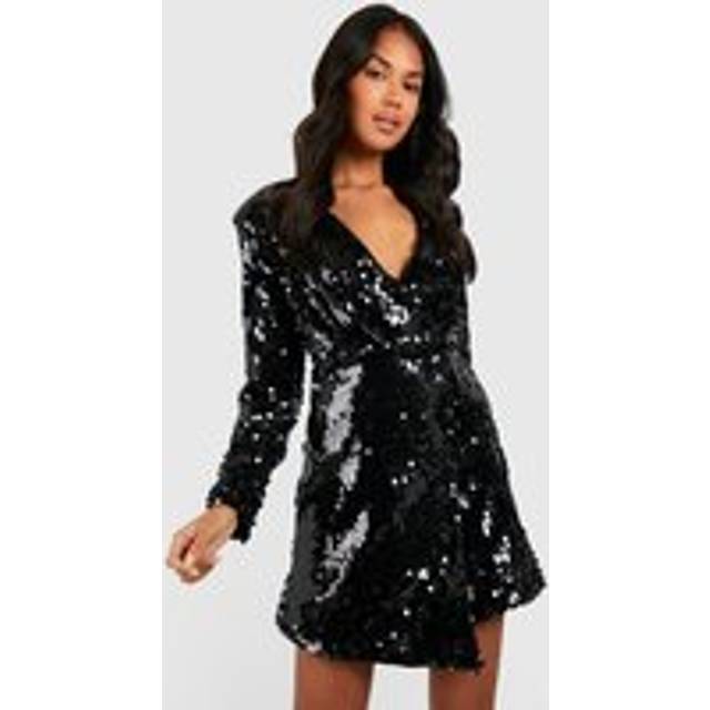 Womens Sequin Shoulder Pad Blazer Party Dress - Black - 10, Black