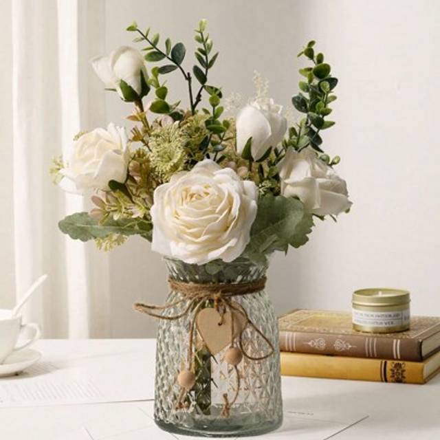SHEIN 1 Bunch Artificial Flowers Rose Wedding Bouquet Fake Flowers Eucalyptus Silk Roses Faux Flower Arrangement For Wedding Home Office Decoration Dining T