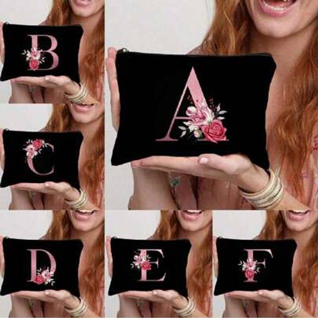 SHEIN Letter A-Z Pink Flower Print Makeup Bag, Gift For Girls, Cute Retro Simple Fashion Letter Pattern Printed Bag Storage Bag,Cosmetic Pouch For Small Ite