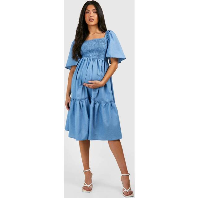 Womens Maternity Shirred Chambray Midi Smock Dress - Blue - 14