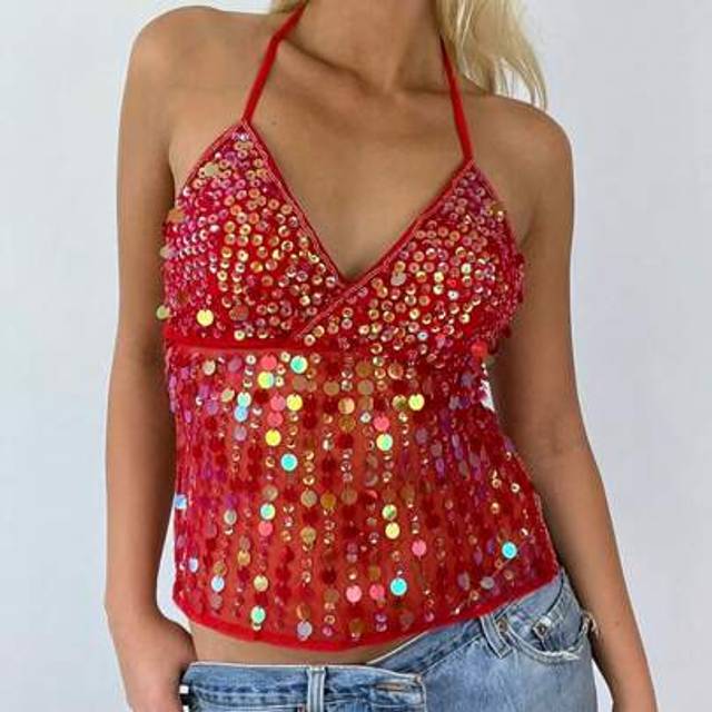 SHEIN Women Summer Y2k Sequin Halter Top Open Back Embellished Tank Top Sleeveless Backless V Neck Camisole Going Out Crop Top Club Party Glitter Disco Spar