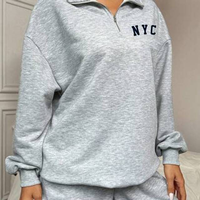 SHEIN Casual Minimalist NYC Letter Print Loose Fit Half Zip Up High Neck Hoodie For Women Back To School Fall And Winter Clothing