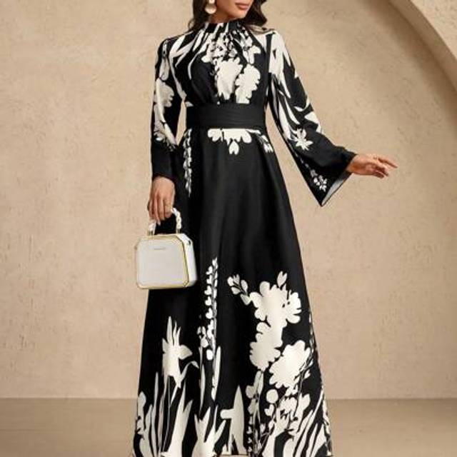 SHEIN Women&#39;s Elegant Black White Floral Long Sleeve High Neck Belted Waist Maxi Dress Party Evening Gowns Classical Long Dresses