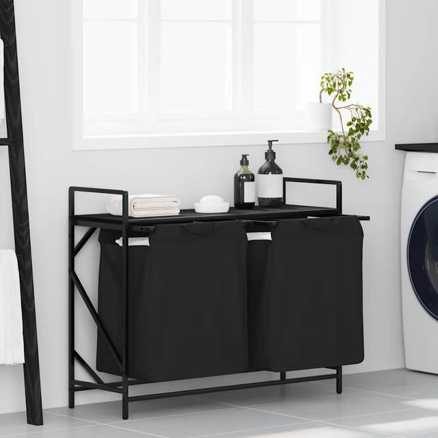(black oak) vidaXL Laundry Basket 2 Compartments with Shelf Brown Oak laundry hamper