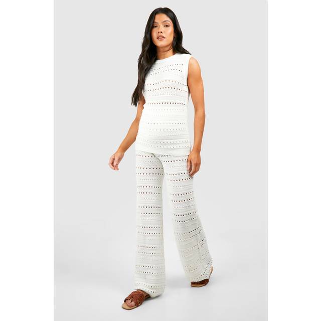 Womens Maternity Crochet Tunic And Wide Leg Trouser Knitted Set - Cream - 12, Cream