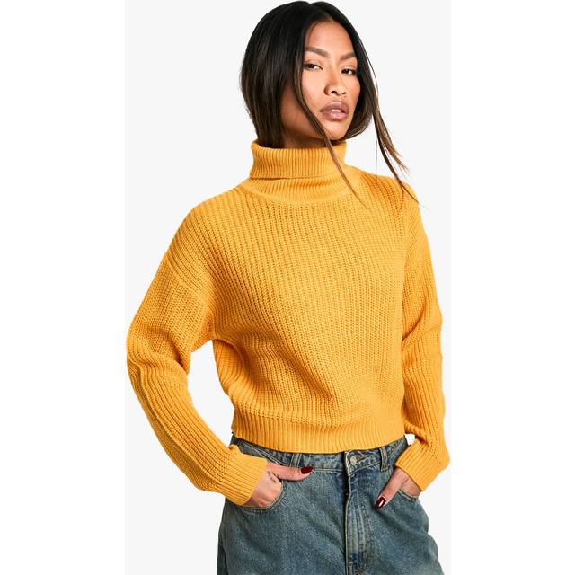 Womens Basic Roll Neck Crop Jumper - Yellow - S, Yellow