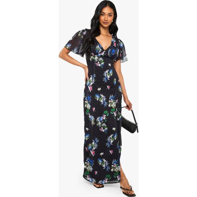 Womens Floral Angel Sleeve Chiffon Plunge Maxi Dress - Black - 12