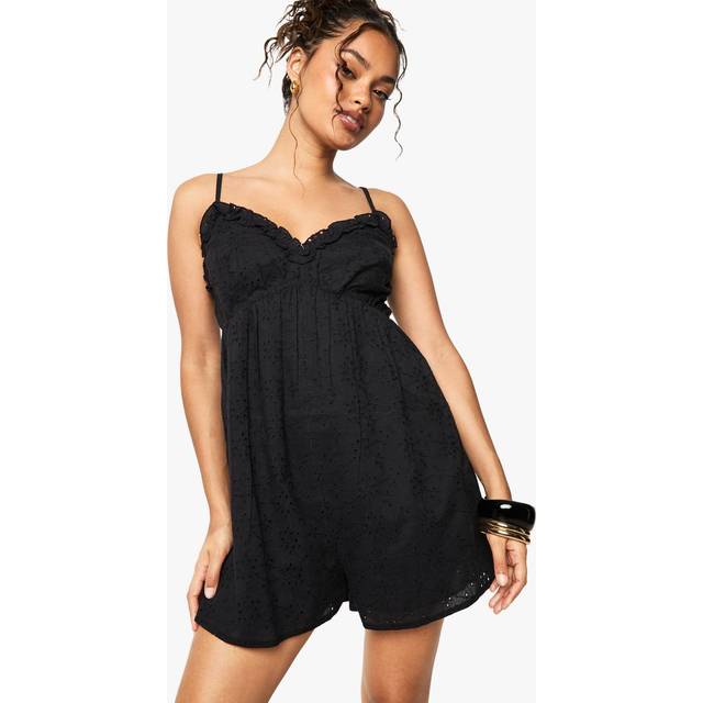 Womens Broderie Anglaise Strappy Playsuit - Black - 8, Black