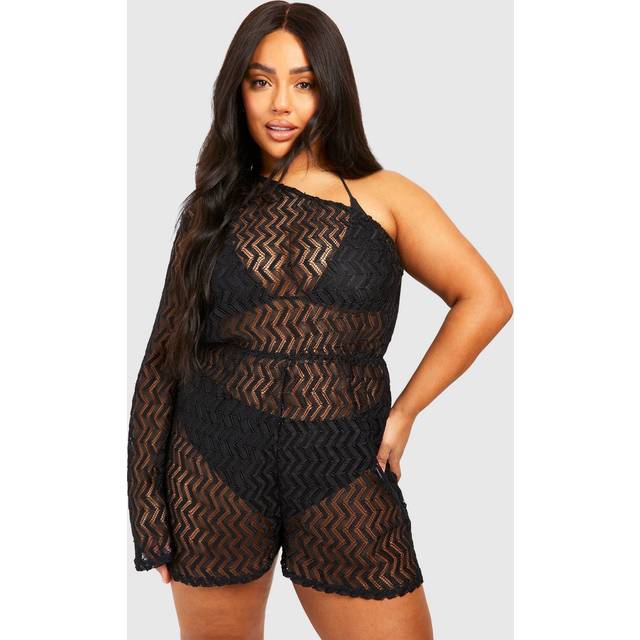 Womens Plus Jersey Knitted One Shoulder Beach Playsuit - Black - 28, Black