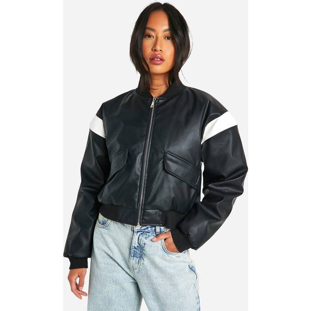 Womens Faux Leather Cropped Moto Detail Bomber Jacket - Black - 16