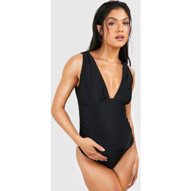 Womens Maternity Ruched Plunge Neck Swimsuit - Black - 16
