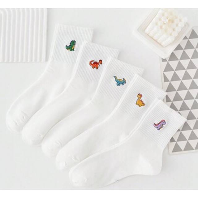 SHEIN 5 Pairs Of Women&#39;s Embroidered Dinosaur Pattern Socks, Four Seasons Style, European And American Size, Sufficient Size, Comfortable, Breathable, Wear-