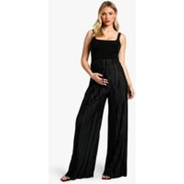 Womens Maternity Wide Plisse Elasticated Waist Drawstring Wide Leg Trouser - Black - 12, Black
