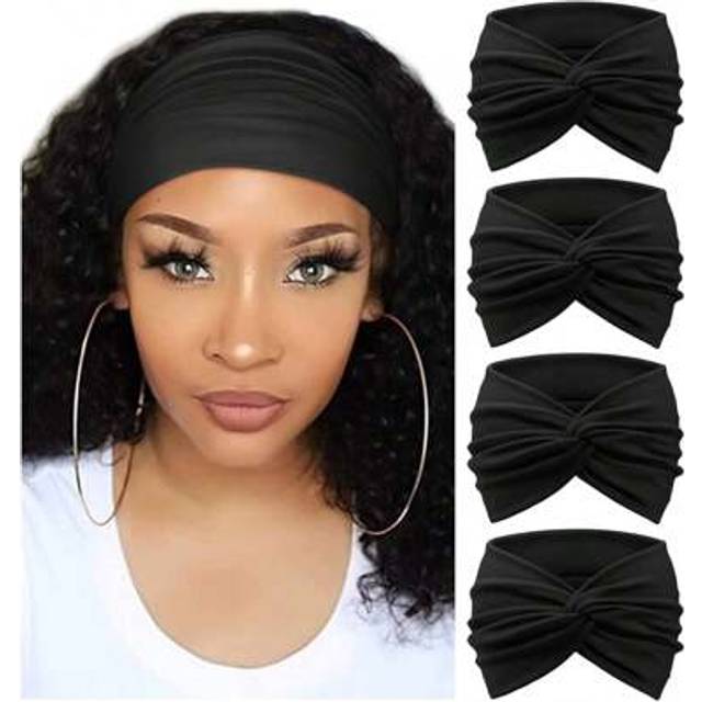 SHEIN 4pcs/Set New Solid Black Wide Headband For Women Cross Knotted Sports & Yoga Hairband Fashion Girl Turban,Gym
