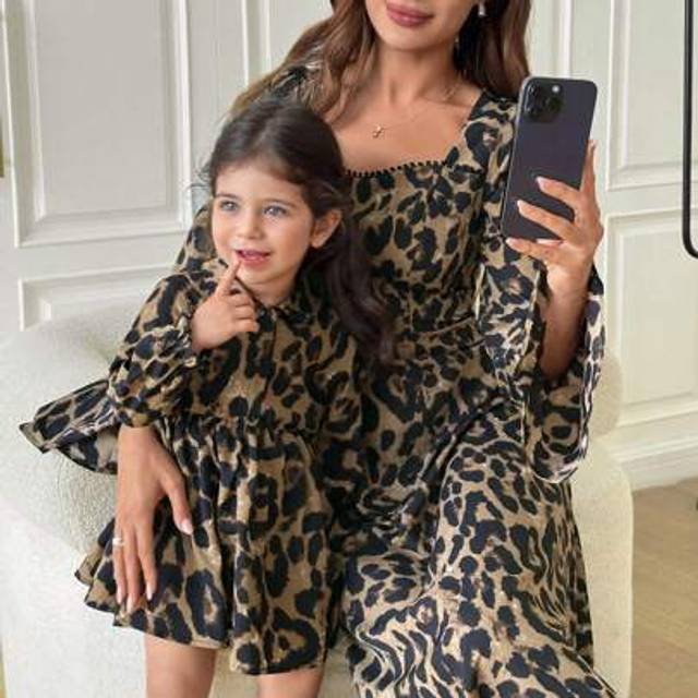 SHEIN Mommy And Me Matching Outfits(2 Pieces Are Sold Separately)Babygirl Cute Vacation Street Style Leopard Print Long Sleeve Lapel Dress,Skin-Friendly And