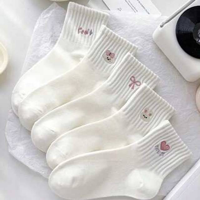 SHEIN 5/9 Pairs Women Cute Bow Flower Short Socks, College Style, Comfortable Soft Breathable, Simple Versatile, Suitable For Daily, Sport, Casual Wear, Spr