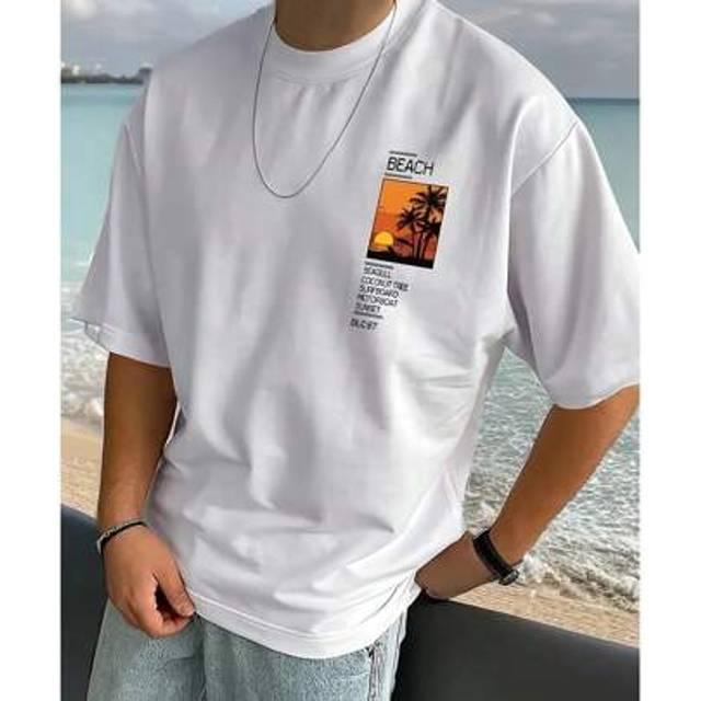 SHEIN Teenagers White Beach Casual Holiday Letter Print Creative Lightweight Comfortable Short-Sleeved T-Shirt Summer Wear