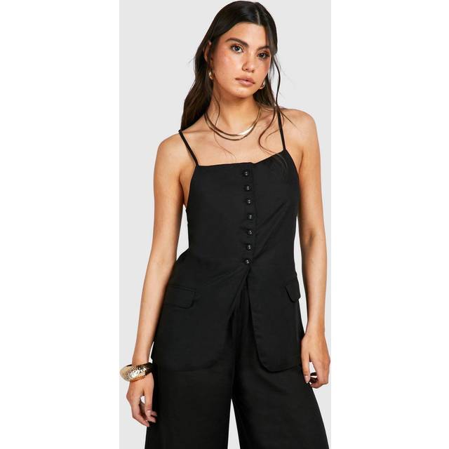 Womens Linen Look Button Front Longline Waistcoat - Black - 6, Black