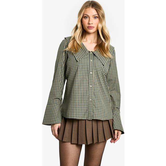 Boohoo Womens Maternity Statement Collar Check Blouse - Green Cotton - Size 16 UK