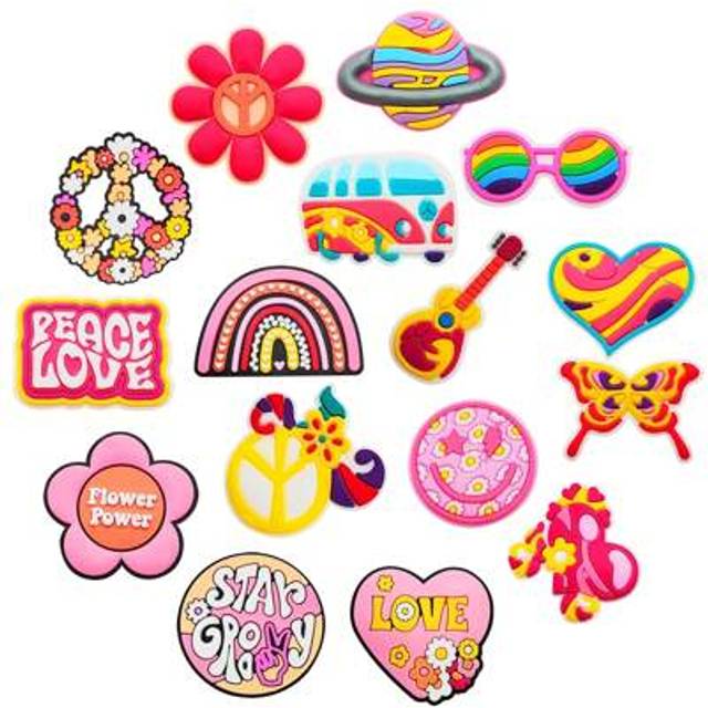 SHEIN 16pcs/Set Cute Peace & Love Series Shoe Charms, Including Smile Face, Guitar, Bus, Glasses, Flower, Butterfly, Earth, Heart, Universe, Rainbow - Uniqu