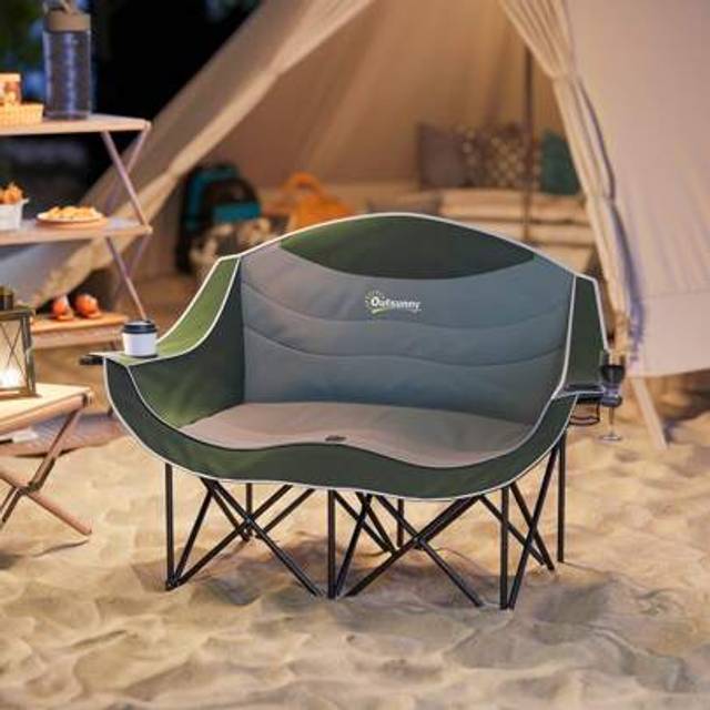 SHEIN Outsunny Double Camping Chair For Adults, Oversized Heavy Duty Padded Folding Chair With Armrests, Cup Holders And Carry Bag For Outdoor Camping Hikin