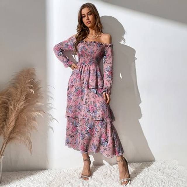 Mulvari Allover Floral Print Off The Shoulder Shirred Layered Hem Dress