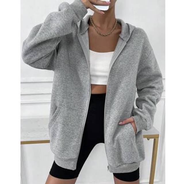 SHEIN Solid Drop Shoulder Zip Up Thermal Hoodie,Long Sleeve Tops Graduation,Back To School Outfits,Graduation,Teacher Outfits For Women,Back To School Pullo