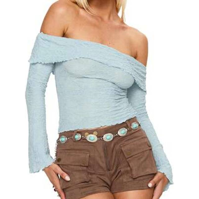 SHEIN Women Long Sleeve Off Shoulder Crop Tops Folded-Over Backless Slim Fit Crop Shirts Going Out Blouse Top