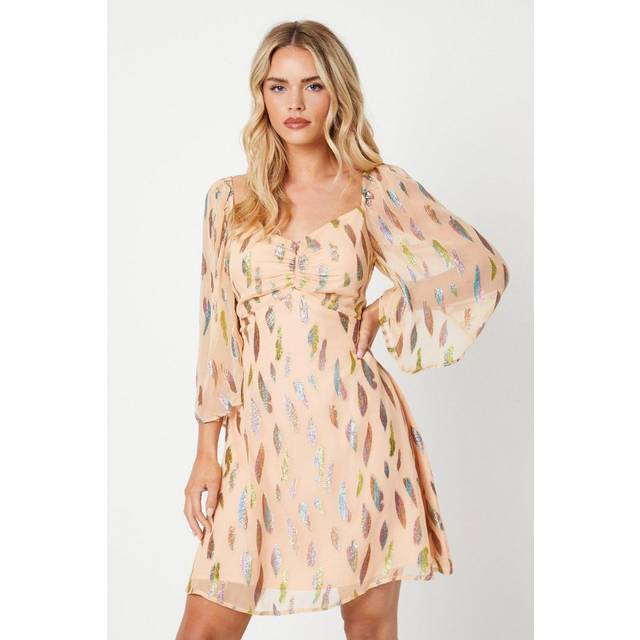 Oasis womens mini dress ivory 3/4 sleeve woven short trapeze swing