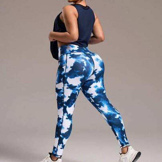 SHEIN Plus Size Solid Color Tank Top & Tie-Dye Print Leggings 2 Pieces Sports Set Workout Women Sets