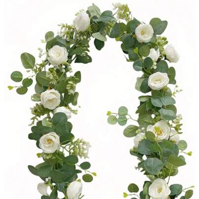 SHEIN 1pc Artificial Eucalyptus Garland With Flowers, White Roses Baby Breath Garland Floral Greenery Garland For Wedding Party Centerpiece Table Runner Bac