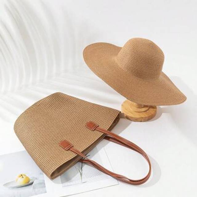 SHEIN 1pc Boho Chic Oversized Brim Straw Hat, Fashion Summer Sun Hat With Bag