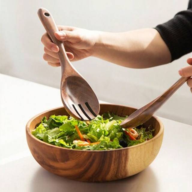SHEIN 2pcs Quality Wooden Salad Serving Set, Wood Spoon And Fork, For Cooking & Serving, Ideal For Daily Use And Mixing, Kitchen Utensils