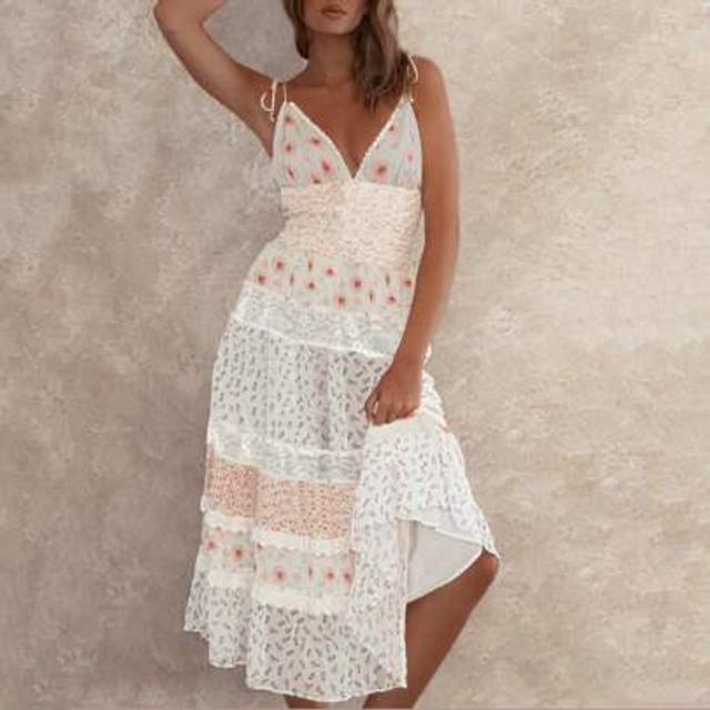 SHEIN Women Boho Floral Smocked Maxi Dress Y2k Patchwork Lace Layered Long Beach Dress Casual Flowy Summer Sundress