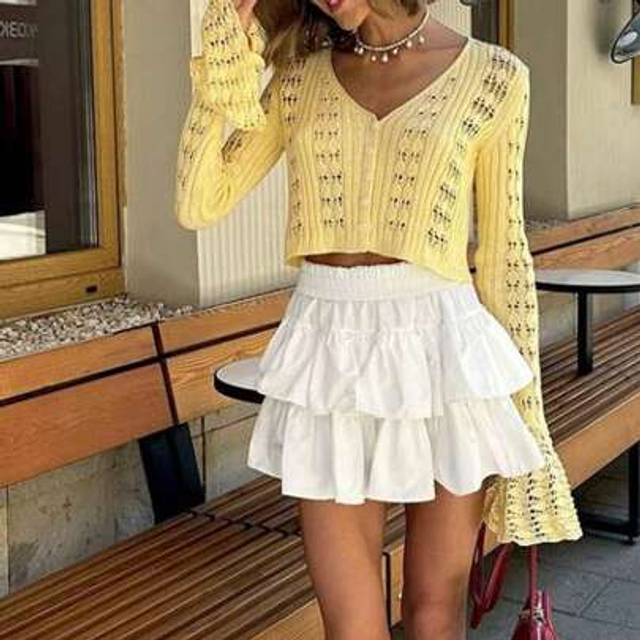 SHEIN Women Crop Tops Knit Cutout V-Neck Button Up Flared Sleeve Cardigan For Club Streetwear Aesthetic Grunge Clothes
