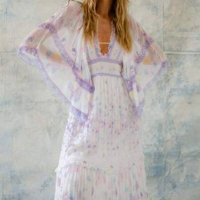 SHEIN Women Long Sleeve Boho Maxi Dress Floral Printing V-Neck Tie Up Backless Casual Long Dress Flowy Sundress Beachwear