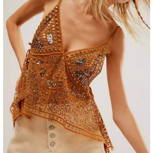 SHEIN Women Y2K Sequin Mesh Tank Top Glitter Floral Embroidered Cami Crop Top Sleeveless Backless Rhinestone Camisole Top Shiny Sequined VestsGoing Out Tops