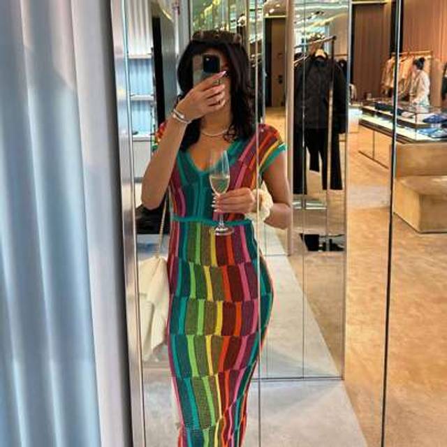 SHEIN Summer New Deep V-Neck Short Sleeved Color Spliced Sweater Dress For Women, Slim Fit, Shining And Sexy, Showing Off Figure, Backless Thin Knit Long Dr
