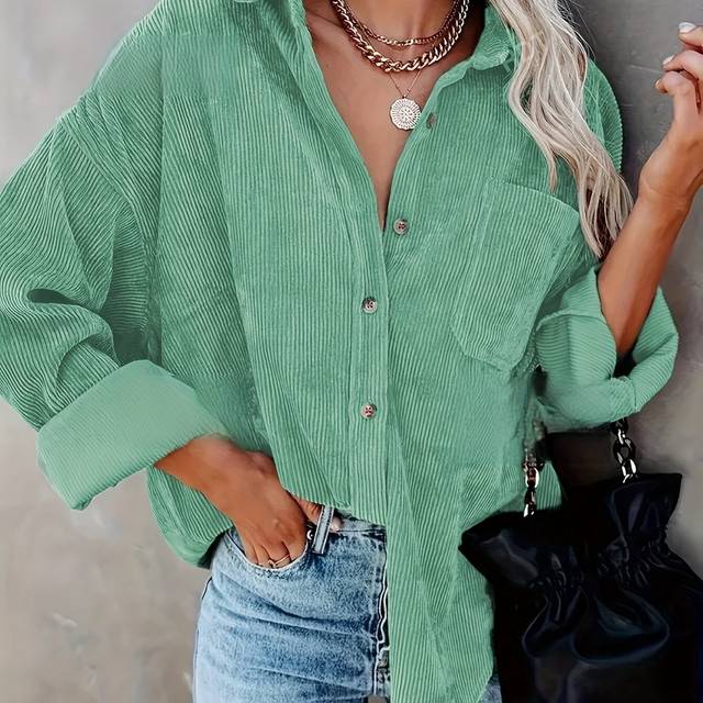 TEMU Women's Oversized Corduroy Button-up Shirt - Long Sleeve, Loose Fit, Rust Orange, With Pockets, Spring/fall, Casual Wear Shirt | Stylish Pockets | Corduroy Fabric