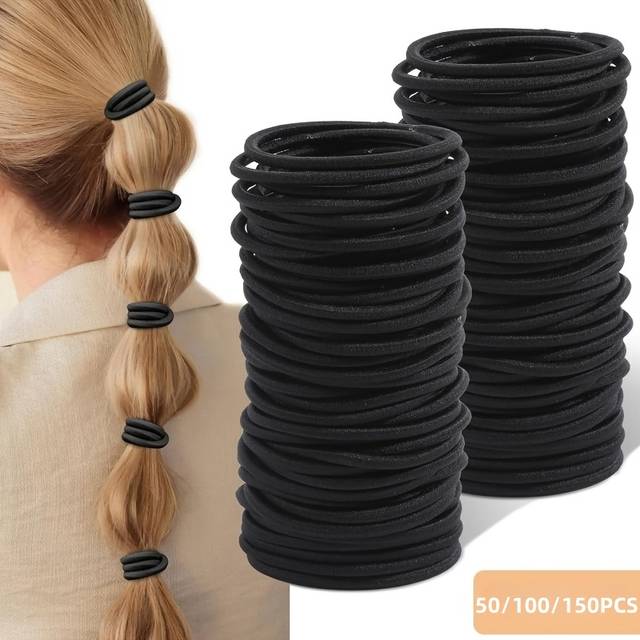 TEMU Black Thick Strong Hair Bands Elastic Bobbles Women Ponytail Holder Ties