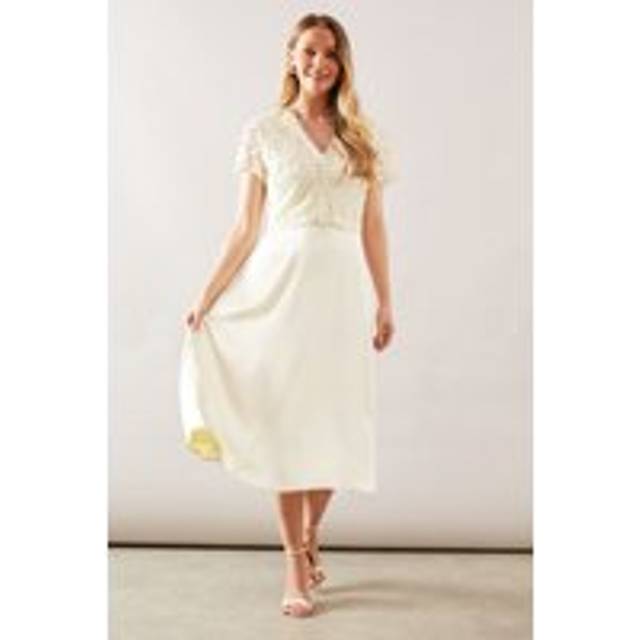 Womens Lace Overlay Full Skirt Midi Dress - Yellow - 16