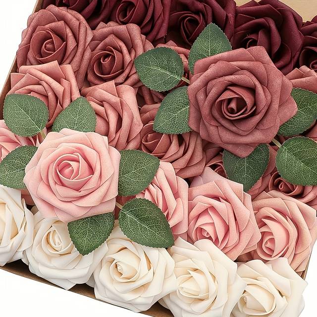 TEMU 25pcs Artificial Rose Flowers, Real Touch Bouquet, Plastic Material, No Battery Required, Wedding And Engagement Decorations