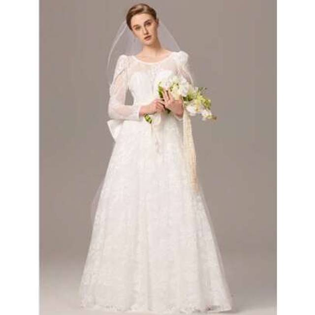 SHEIN Delicate Floral Lace Round-Neck V Back Long Sleeve Long Tail Bridal Gown Wedding Dress With A Oversized Bow For Lawn Wedding Party White Dress